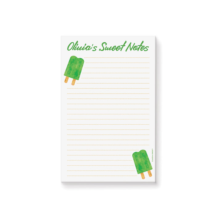 Personalized green watercolor ice pop notepad for kids with child’s name, lined writing area and two cheerful ice pop illustrations