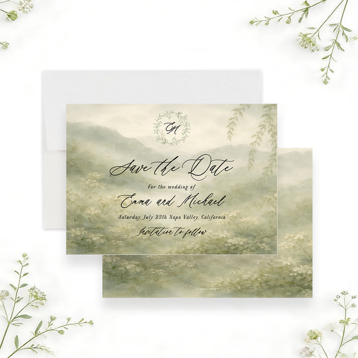 Personalized greenery wedding save the date card with misty sage watercolor garden, leafy monogram wreath, couple’s names, date and Napa Valley location-front-back