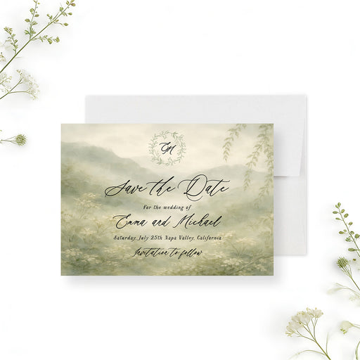 Personalized greenery wedding save the date card with misty sage watercolor garden, leafy monogram wreath, couple’s names, date and Napa Valley location-front