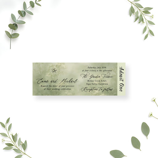Personalized greenery wedding ticket invitation with Admit One stub, leafy monogram wreath, misty sage wildflowers, couple’s names and venue details