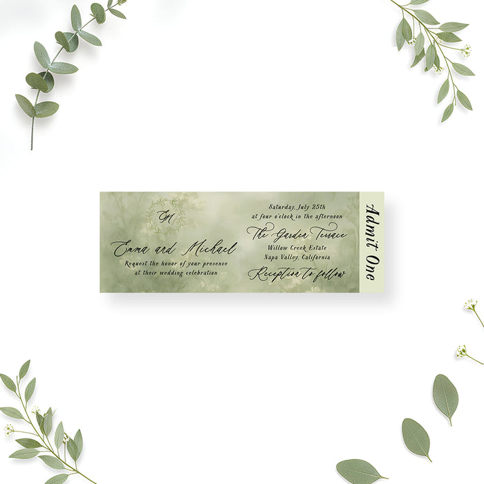 Personalized greenery wedding ticket invitation with Admit One stub, leafy monogram wreath, misty sage wildflowers, couple’s names and venue details