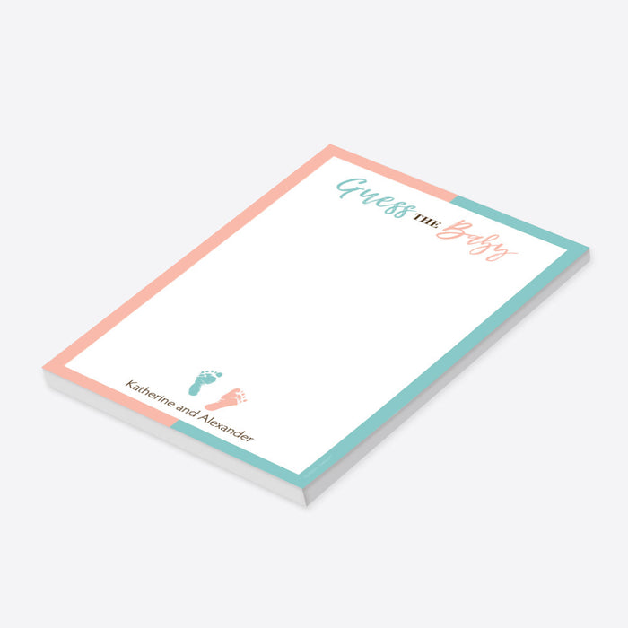 Personalized pink and blue gender reveal notepad with “Guess the Baby” wording, baby footprints and parents-to-be’s names-side