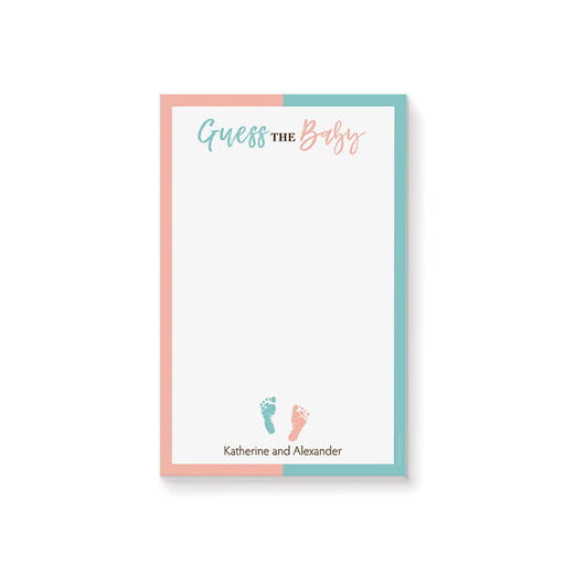 Personalized pink and blue gender reveal notepad with “Guess the Baby” wording, baby footprints and parents-to-be’s names