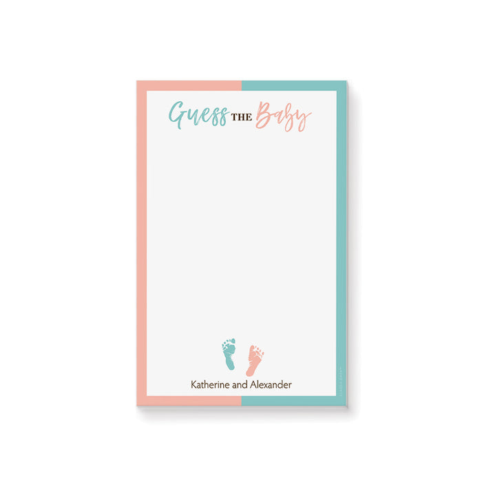 Personalized pink and blue gender reveal notepad with “Guess the Baby” wording, baby footprints and parents-to-be’s names