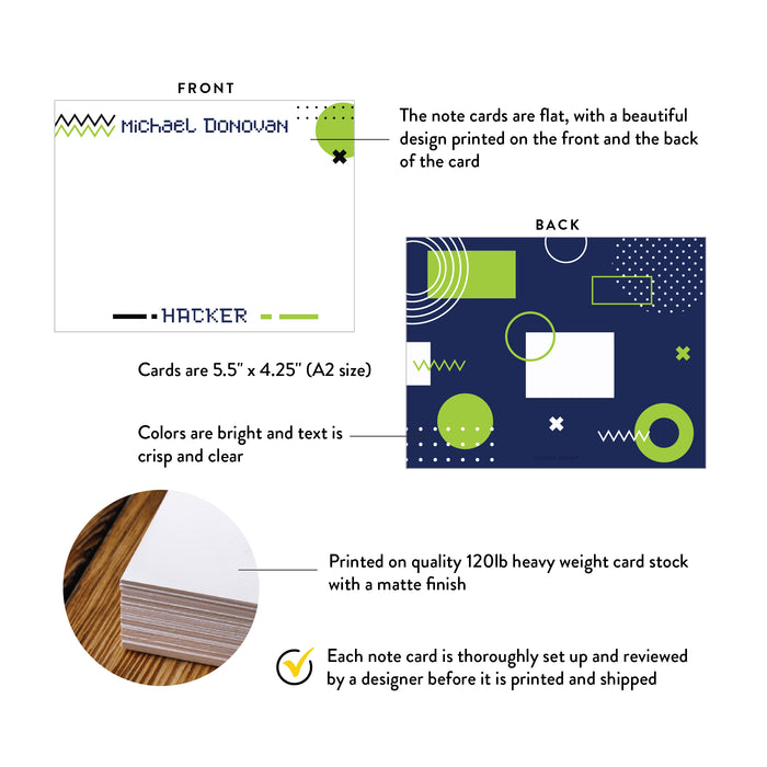 Front and back of personalized hacker note cards with geometric pattern showing A2 dimensions and matte cardstock details.
