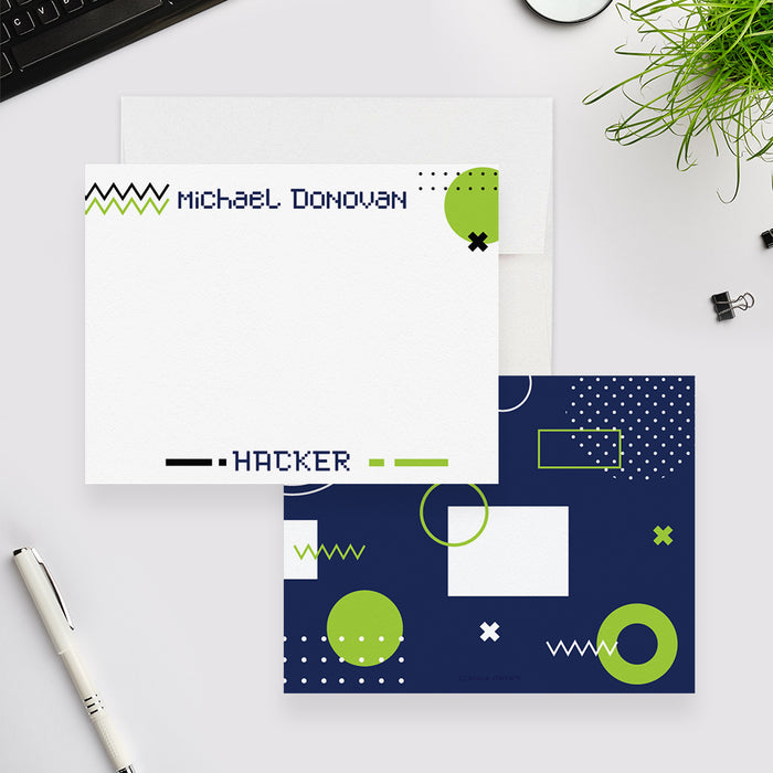 Personalized white hacker note card with lime green accents, beside a navy back with circles and geometric shapes.