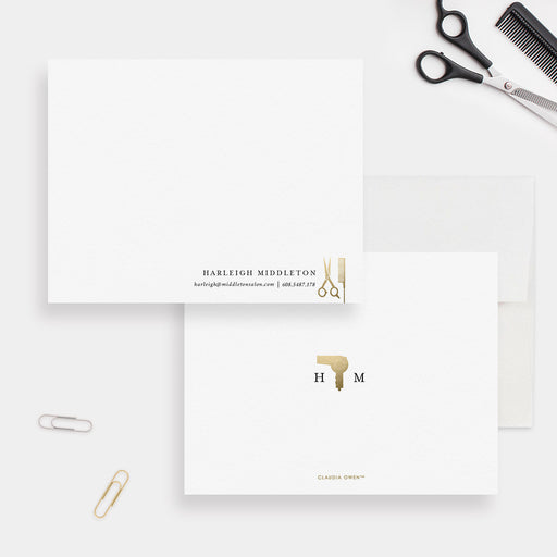 Personalized white hair stylist note cards with comb and scissors artwork on the front and initials with a hairdryer illustration on the reverse.