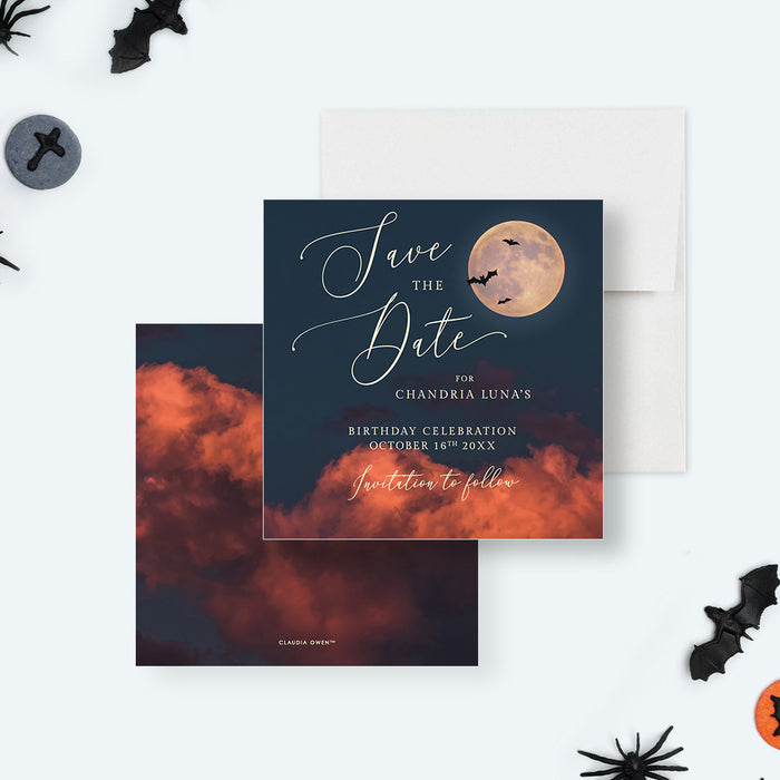 Halloween birthday save the date card with full moon, bats, dark sky, orange clouds, and personalized party details-front-back