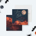 Halloween birthday save the date card with full moon, bats, dark sky, orange clouds, and personalized party details-front-back