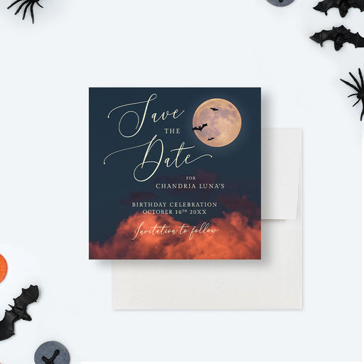 Halloween birthday save the date card with full moon, bats, dark sky, orange clouds, and personalized party details-front