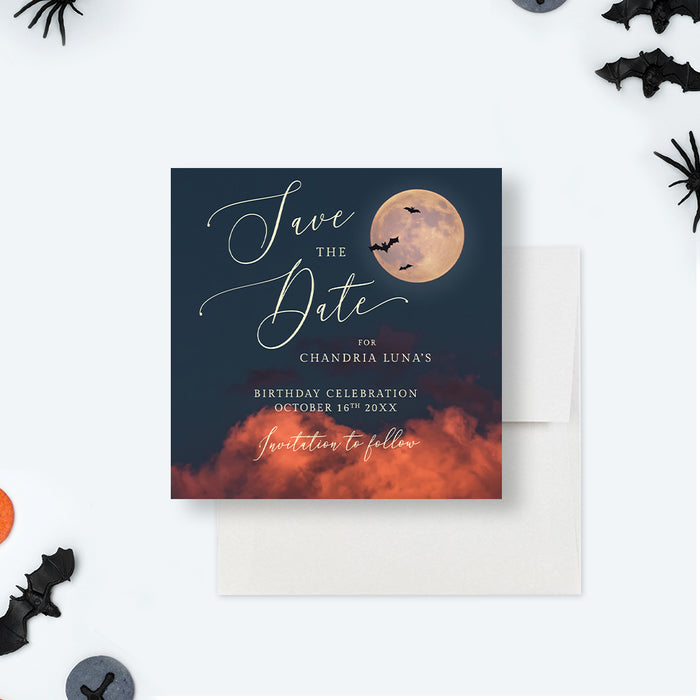 Halloween birthday save the date card with full moon, bats, dark sky, orange clouds, and personalized party details-front