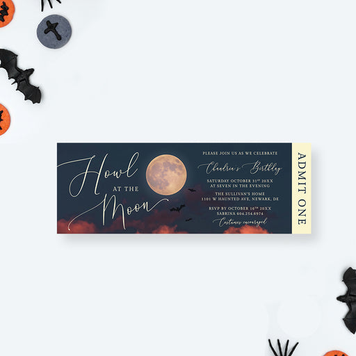 Halloween birthday ticket invitation with full moon, bats, dark sky artwork, Admit One wording, and personalized party details