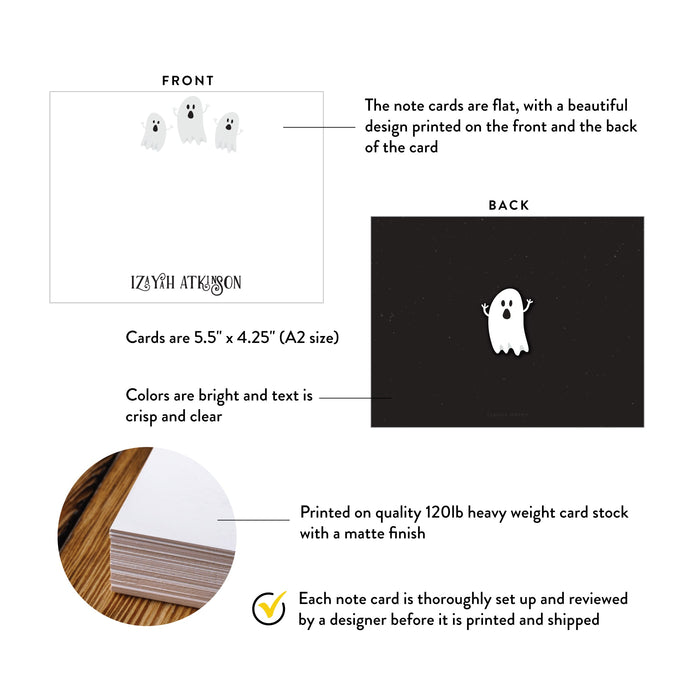 Specifications graphic showing the front and back of personalized halloween ghost thank you cards for kids, A2 size 5.5 × 4.25 inches and matte cardstock.