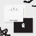 Front and back of personalized note cards with three friendly ghosts and a personalized name and a dark back with a ghost illustration.