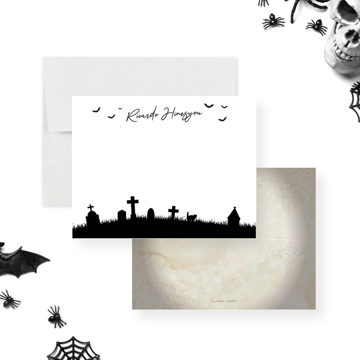 personalized Halloween note card with spooky graveyard silhouette, bats, tombstones, custom name, and blank writing space-front-back