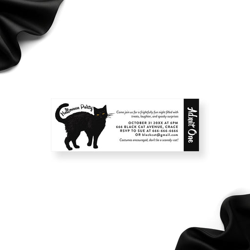 Personalized Halloween ticket invitation featuring a black cat illustration, black-and-white Admit One, and customizable party details