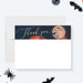 Halloween thank you card with full moon, flying bats, dark orange clouds, and blank space for a handwritten note