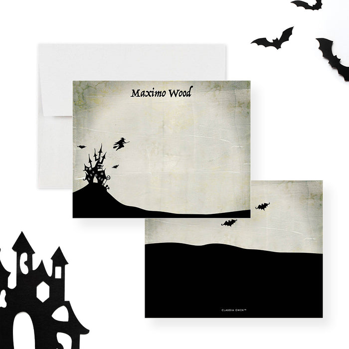 haunted house thank you card with haunted house silhouette on a hill, flying witch bats, vintage gothic design, custom name, and space for spooky handwritten messages.-front-back