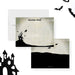 haunted house thank you card with haunted house silhouette on a hill, flying witch bats, vintage gothic design, custom name, and space for spooky handwritten messages.-front-back