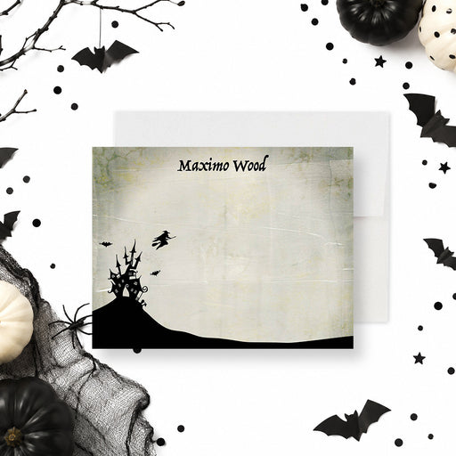 haunted house thank you card with haunted house silhouette on a hill, flying witch bats, vintage gothic design, custom name, and space for spooky handwritten messages.-front-back