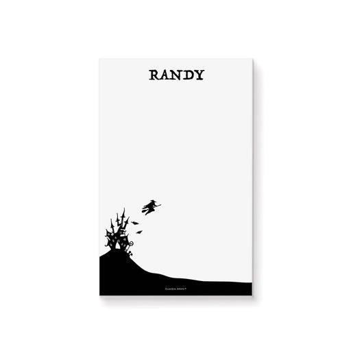 personalized haunted house notepad with haunted mansion silhouette on a hill, bats, flying witch, custom name and blank writing space