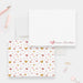 Personalized children's note cards with a pink heart beside the name on the white front and a pink and gold heart pattern on the reverse.