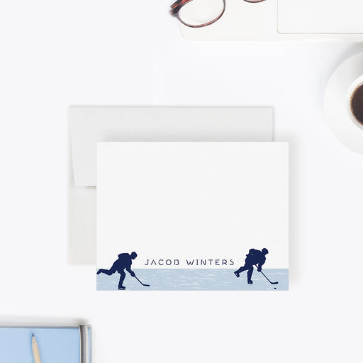 Personalized ice hockey thank you note card featuring a hockey stick and puck design, perfect for kids, teens, and hockey-loving boys

