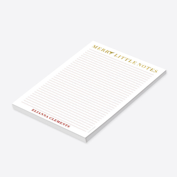 personalized holiday notepad with Merry Little Notes gold lettering and minimalist lined page design-side