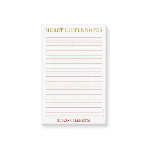 personalized holiday notepad with Merry Little Notes gold lettering and minimalist lined page design