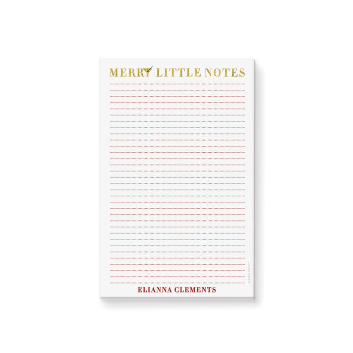 personalized holiday notepad with Merry Little Notes gold lettering and minimalist lined page design