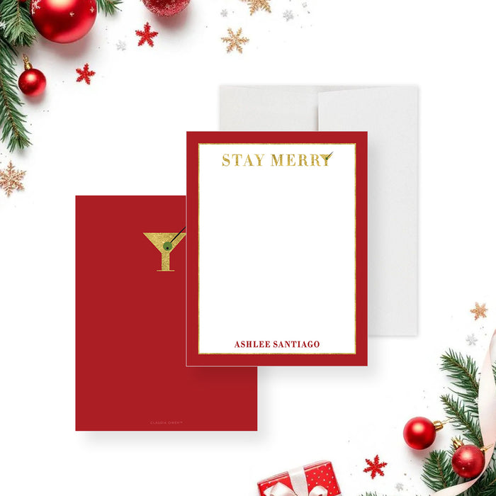 personalized stay merry holiday note card with elegant red border and gold festive lettering-front-back