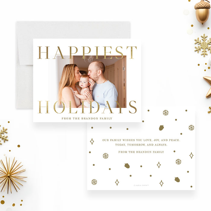 family photo Christmas card with custom photo, Happiest Holidays wording, gold-colored snowflakes, acorns, and personalized family message-front-back