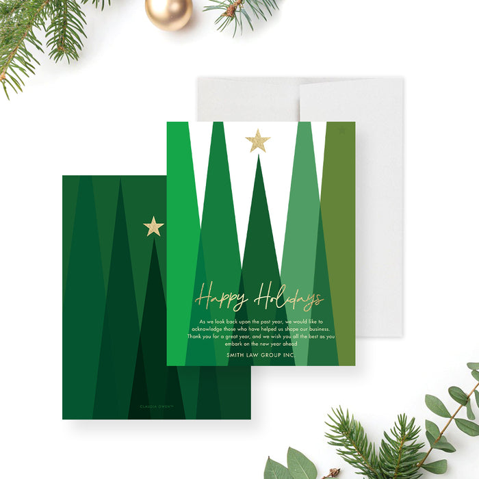 Corporate holiday greeting card with modern green trees, a gold star and personalized company holiday message-front-back