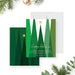 Corporate holiday greeting card with modern green trees, a gold star and personalized company holiday message-front-back