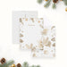 personalized holiday note card with gold-toned pine branches, pinecones, snowflakes, festive border, and custom name-front-back