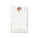 personalized holiday photo notepad with custom family photo, gold-colored snowflakes, acorns, dots, and lined writing space