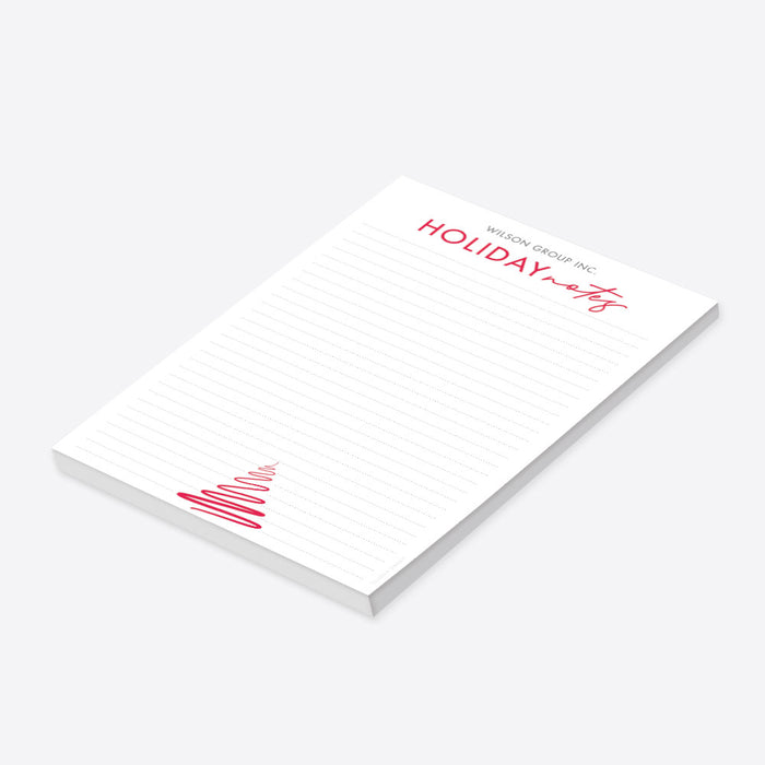 Personalized holiday notepad with red Holiday Notes heading, Christmas tree, lined writing pages, and customizable company-side