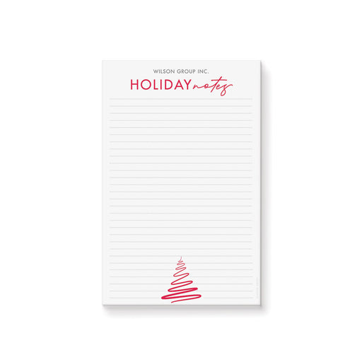 Personalized holiday notepad with red Holiday Notes heading, Christmas tree, lined writing pages, and customizable company
