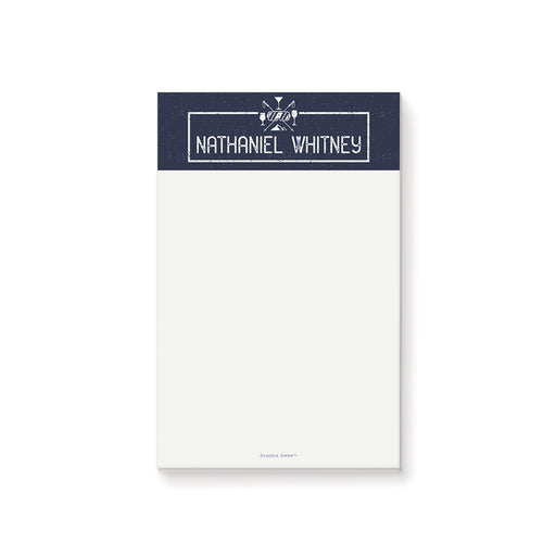 personalized holiday notepad with navy blue header, winter cocktail icons, custom name, and blank writing space
