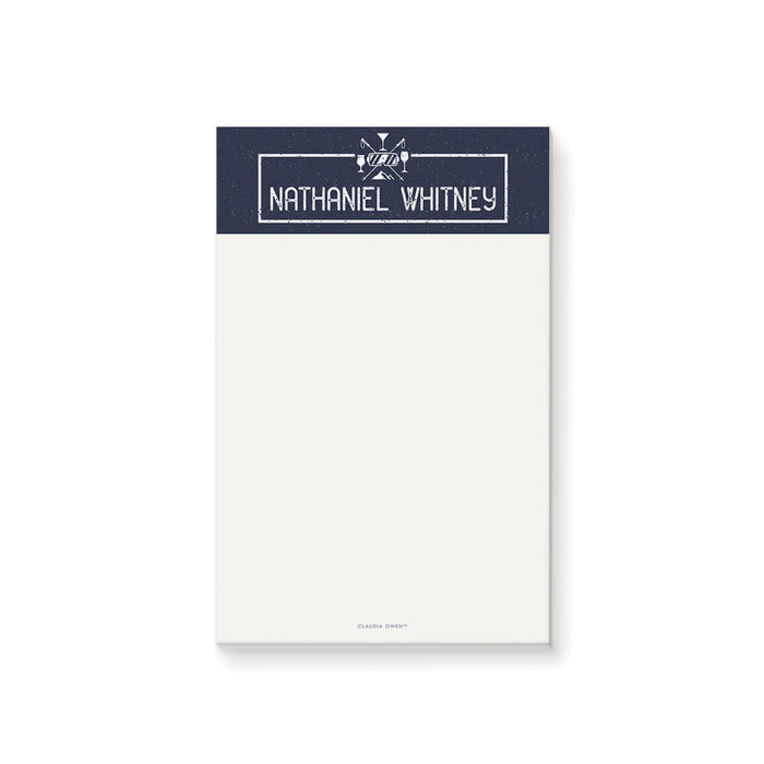 personalized holiday notepad with navy blue header, winter cocktail icons, custom name, and blank writing space