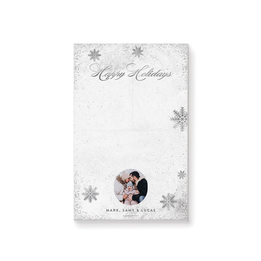 Personalized notepad featuring a family photo with a silver snowflake design, as a Christmas gift or winter event stationery