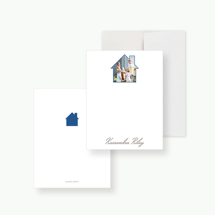 Personalized House Photo Thank You Cards. Front and matching white back with a small blue house icon displayed with a white envelope.
