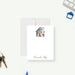 Personalized note card with a white portrait front with a house-shaped photo and personalized script name. Shown with a white envelope.
