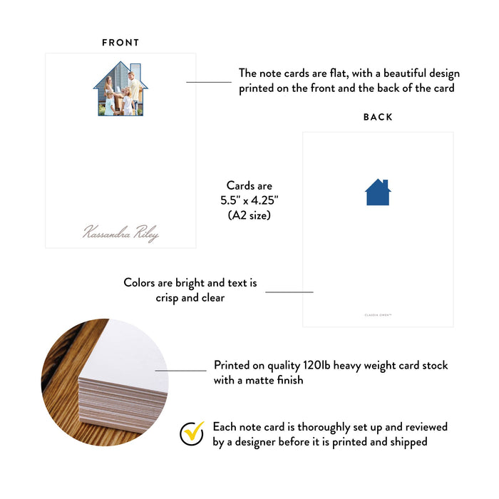 Product details for personalized house photo thank you cards: front and back designs, A2 size, matte cardstock, and design proof.