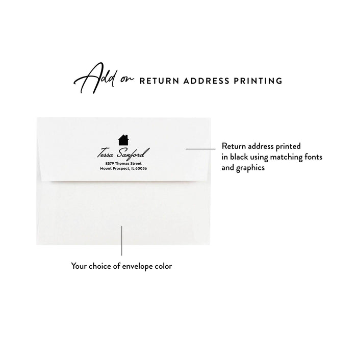 Optional return address printing in black ink on a white envelope flap for personalized house photo thank you cards.