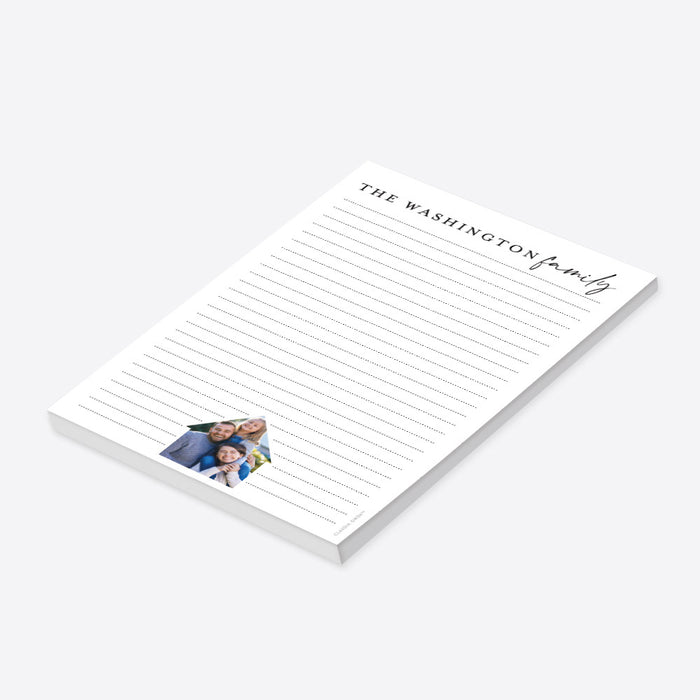 personalized family photo notepad with custom family name, house-shaped photo, lined writing space, and clean minimalist layout-side