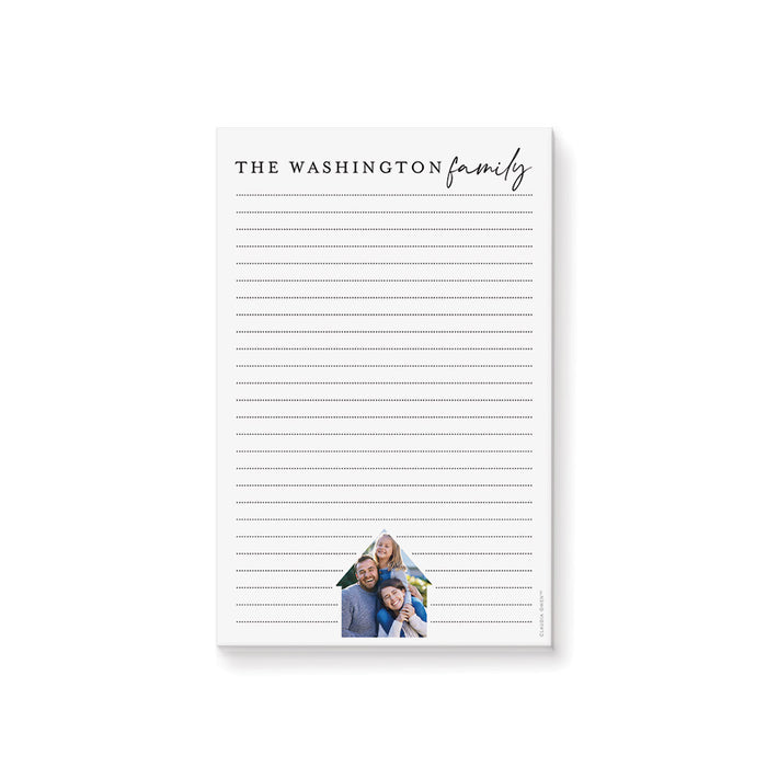 personalized family photo notepad with custom family name, house-shaped photo, lined writing space, and clean minimalist layout