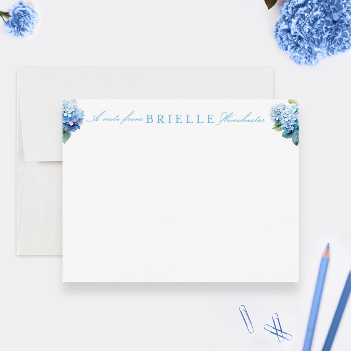 Personalized thank you cards featuring blue hydrangeas and butterflies