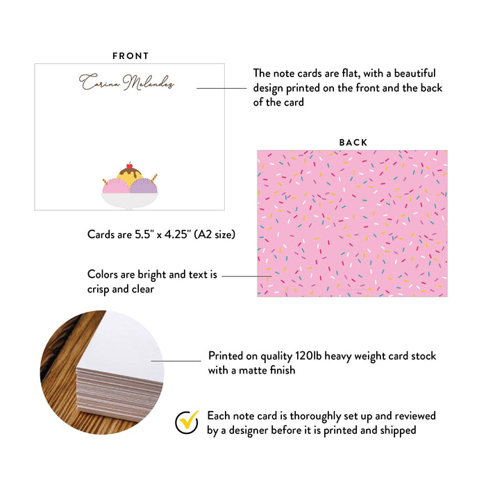 Specifications graphic showing the front and back of personalized ice cream birthday thank you cards for kids, A2 size 5.5 × 4.25 inches and matte cardstock.