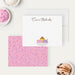 Front and back of personalized note cards with an ice cream sundae illustration with sprinkles, a cherry and a personalized name and a pink back with colorful sprinkles.